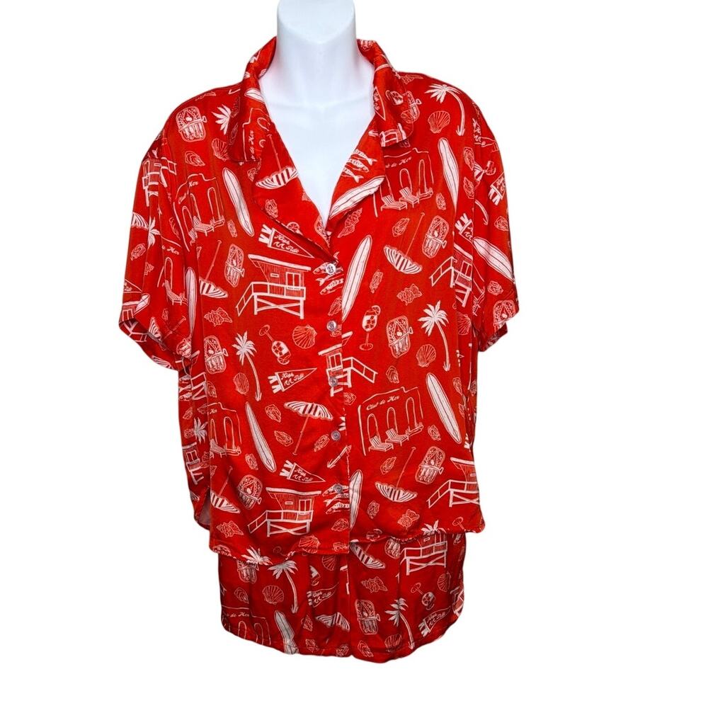 Neendi Beach Club Short Pajama Set Red White Surfboard Print Sleepwear Sz Small